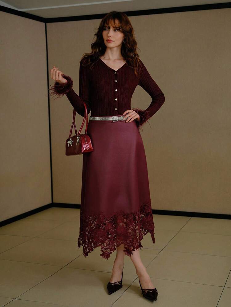 CONTRAST LACE PU LEATHER SKIRT