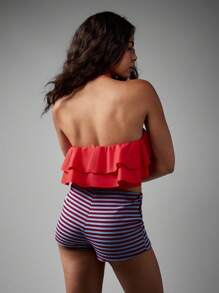 AiiRZ Strapless Ruffle Crop Top Summer Beach Party Festival Double Layer Ruffled Bandeau Cotton Poplin Casual Club Vacation Night Out - Red - View 2