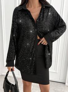 SHEIN Cottnline Women Solid Color Sequin Detailed Long Sleeve Blouses - Black - View 6
