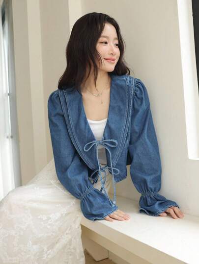 SHEIN EZwear 女士秋季领带长袖牛仔夹克，荷叶边开衫夹克，韩版风格，返校节礼服，女士秋季服装，复古风格女士