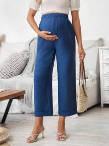 SHEIN Pantalones holgados de cintura elástica de unicolor para uso diario, casuales y a juego para mujeres embarazadas - Azul - Ver 5