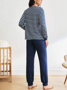 BloomMama 2pcs Maternity Stripe & Heart Print Casual Nursing Pajamas For Pregnant Women, Fall Winter Clothes - Multicolor - View 3