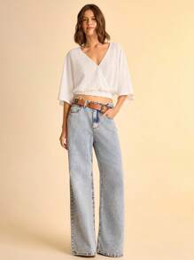 CAJUNI 女士度假风 V 领华夫格针织纹理休闲蝙蝠袖宽松短款上衣，夏季上衣，女士上衣，白色上衣，女士户外上衣，白色上衣，短款上衣，白色短款上衣，女士上衣，女士白色上衣，基础款上衣，女士夏季上衣，女士工作衬衫，女士休闲上衣。