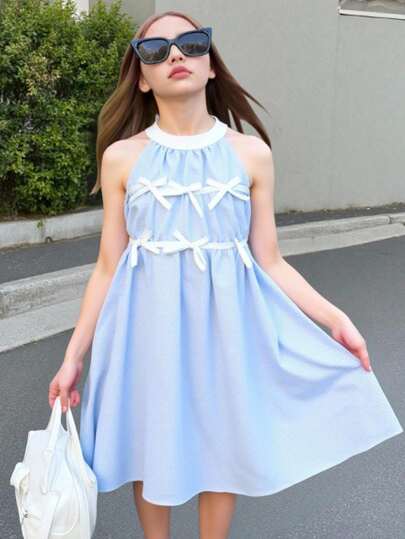 SHEIN 1 件女童格子露背连衣裙，3D 蝴蝶结装饰，甜美度假风格必备