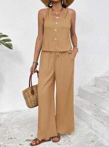 SHEIN Frenchy Set de 2 piezas para mujer de top con decoración de botones y pantalones rectos de unicolor para verano