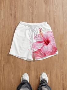 Manfinity Joysei 标准尺寸男士休闲花卉毛圈短裤，时尚百搭，适合夏季男士花卉短裤芙蓉短裤 - 白色 - 查看 1