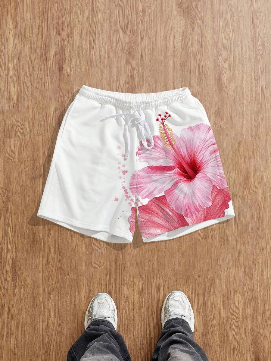Manfinity Joysei 标准尺寸男士休闲花卉毛圈短裤，时尚百搭，适合夏季男士花卉短裤芙蓉短裤 - 白色 - 查看 1
