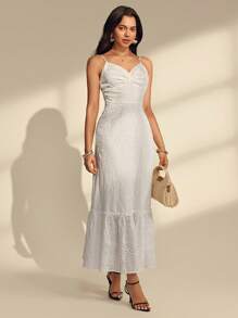 Almamuse 女士夏季休闲度假纯色雪纺胸前荷叶边褶饰下摆吊带连衣裙白色孔眼连衣裙波西米亚风白色连衣裙新娘送礼会礼服白色长裙 - 白色 - 查看 5