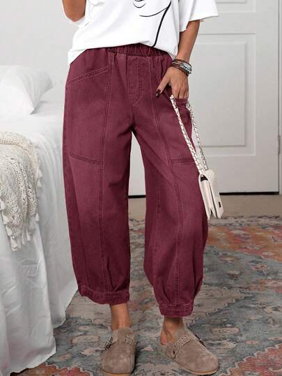 EMERY ROSE Women's Casual Washed Retro Balloon Leg Jeans Women Casual Pants Elastic Waist Pants Women Pants With Pockets Balloon Leg Pants Cropped Pants