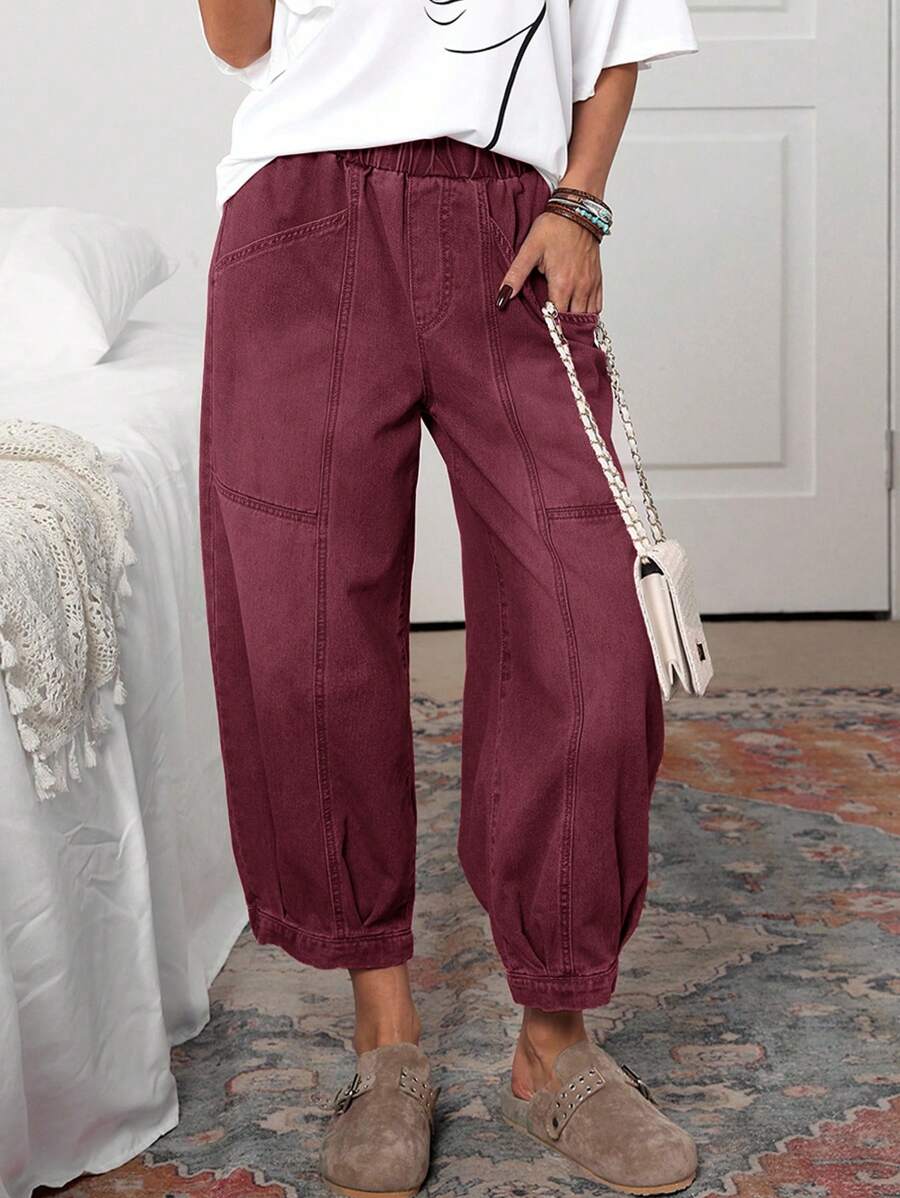 EMERY ROSE 女士休闲水洗复古灯笼裤牛仔裤女休闲裤松紧腰裤女式口袋灯笼裤七分裤 - 紅色 - 查看 1