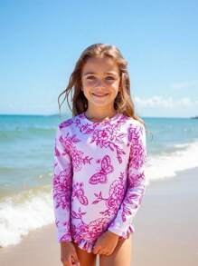 小女孩夏季海滩度假可爱蝴蝶结花卉数码印花3D蝴蝶结荷叶边拉链连体泳衣