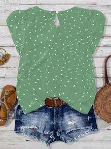 SHEIN JORESS Plus Size Women's Casual Asymmetrical Cap Sleeve Shirt With Small Hearts Design - Mint Green - View 2
