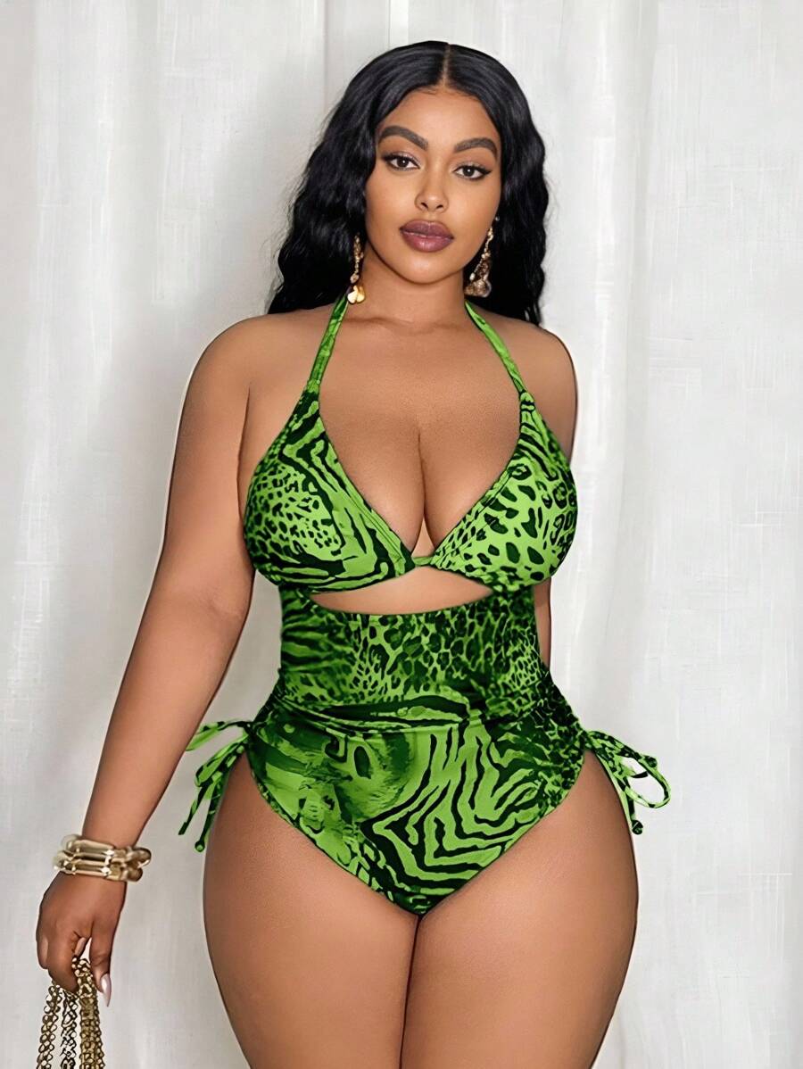 Slaydiva Traje de baño de una pieza con parte superior triangular y lazo lateral en estampado de leopardo de talla grande para mujeres - Verde - Ver 1