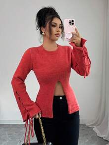 Elenzga Women's Casual Cross Strap Flare Sleeve Split Knit Sweater, Spring/Autumn Fall Winter Cloth For Women - Red - View 3