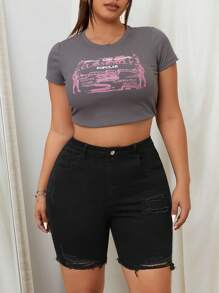 SHEIN SXY 加大码纯色牛仔短裤，带口袋、破洞和磨损下摆，女士夏季服装，节日服装，优雅休闲骑行短裤 - 黑色 - 查看 5