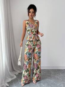 Elenzga 2 件套女士优雅黄色花卉套装，适合春季、秋季和冬季 - 彩色 - 查看 5