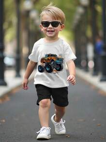 SHEIN Monster Truck & Young Boy Cartoon Pattern Casual Short Sleeve T-Shirt And Shorts 2pcs Set, Summer Retro Kids Outfitboys Outfit Kids Setkids Retro Outfit