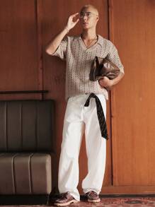 SWAVVY Áo thun polo tay ngắn dáng rộng thoải mái dệt kim khoét lỗ cho nam, thời trang và trẻ trung - Màu Khaki - Xem 1