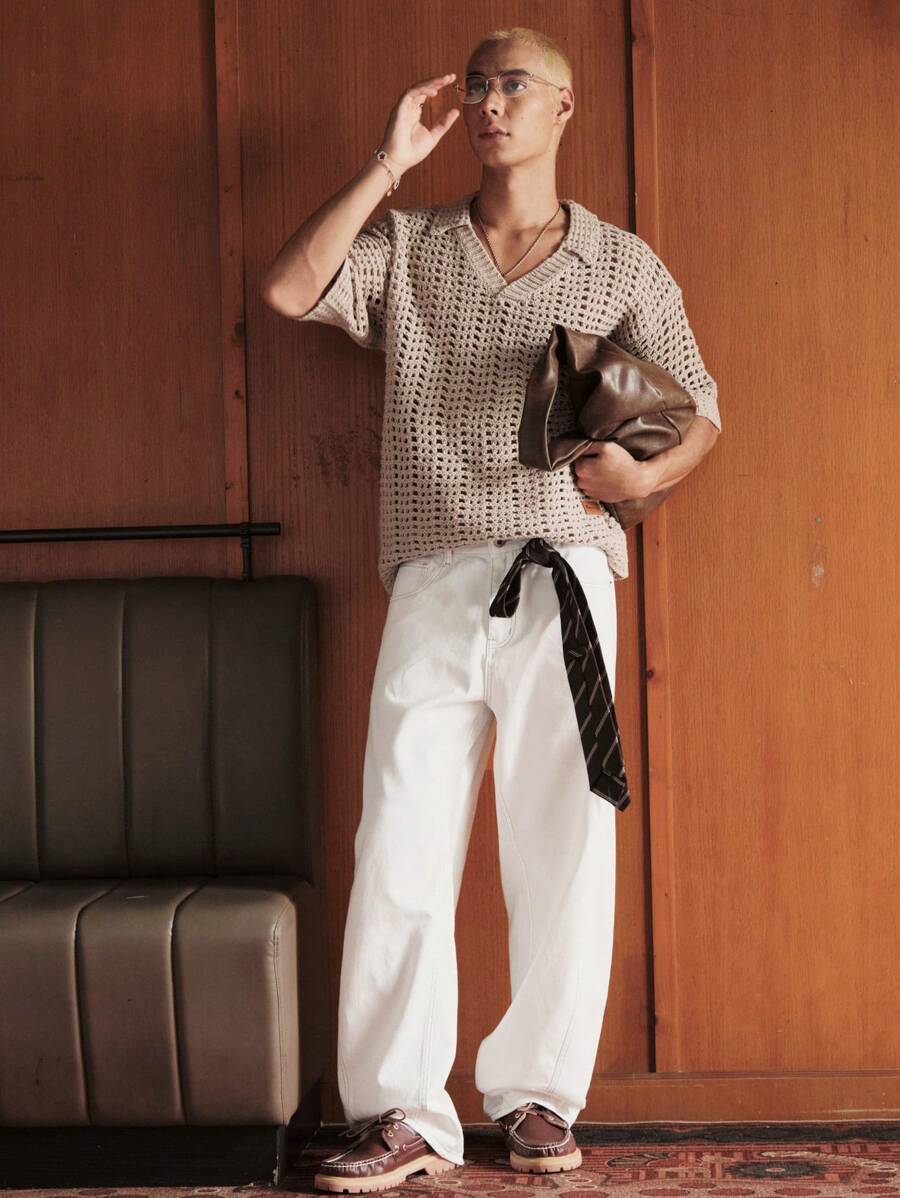 SWAVVY Áo thun polo tay ngắn dáng rộng thoải mái dệt kim khoét lỗ cho nam, thời trang và trẻ trung - Màu Khaki - Xem 1