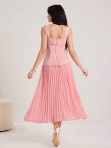 Modelyn 女式 3D 花朵装饰中长连衣裙，撞色材质贴片 A 字连衣裙，粉色连衣裙，女士夏季优雅连衣裙，玫瑰连衣裙，百褶连衣裙，女士时尚休闲秋季服装，可爱复古朴素女士服装，返校学校服装，返校连衣裙，女士教师服装 - 粉色 - 查看 3