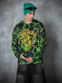 TEENAGE MUTANT NINJA TURTLES | SHEIN 男士休闲街头卡通字母超大落肩宽松套头衫，夏季 - 綠色 - 查看 3