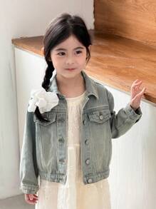 SHEIN Young Girl Long-Sleeved Single Breasted Denim Jacket,Fall Wear Casual And Comfortable To Wear,Winter Jacket - Light Wash - View 7