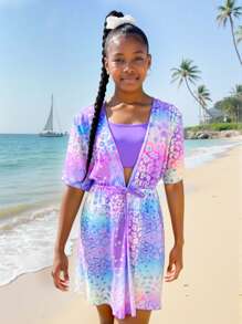 Ensemble maillot de bain une-pièce à imprimé floral violet + cache-maillot
