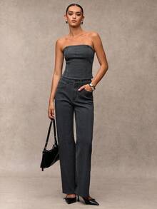 SHEIN BAE Ladies' Straight Leg Wide Casual Jeans With Pockets, Versatile - Black - View 4