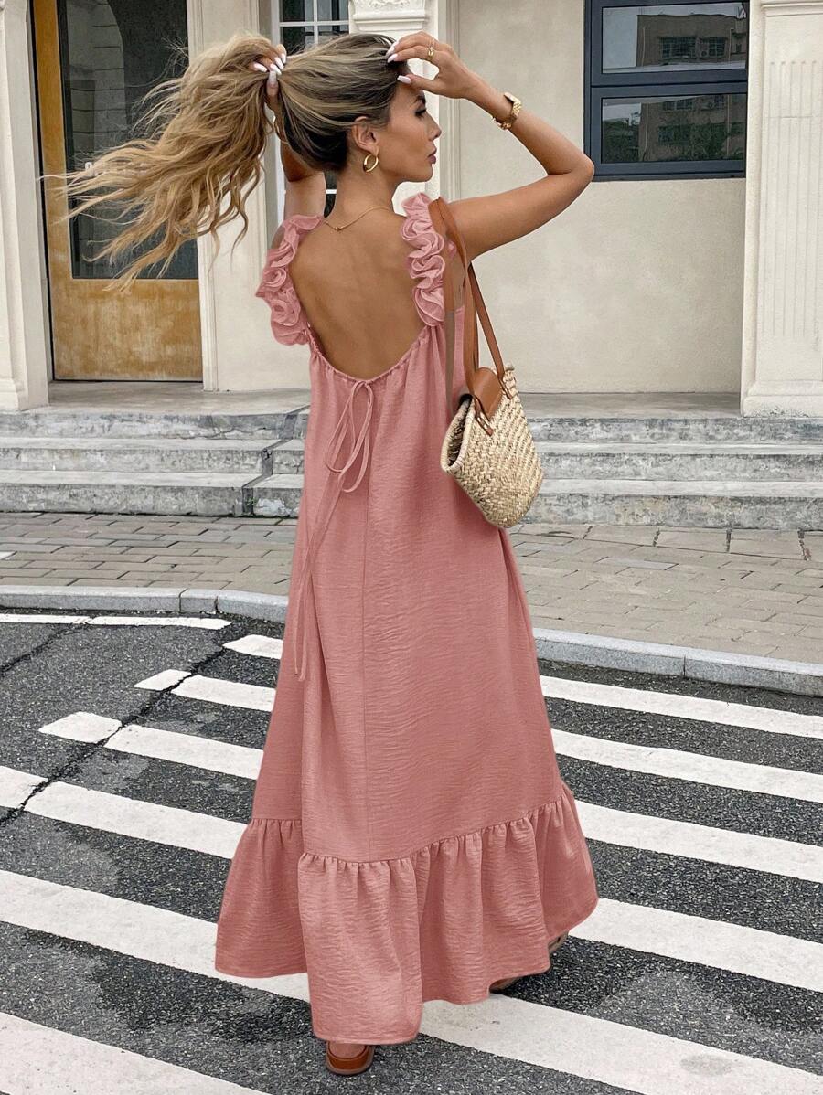 Serisse Women's Casual Sleeveless Ruffle Hem Loose Dress Thanks Giving Pink Summer Casual Pink - Pink - View 1