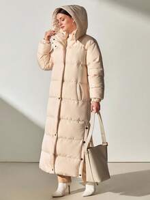 CLARA VERO Women's Light Beige Casual Side Buttoned Hooded Winter Coat - Beige - View 7