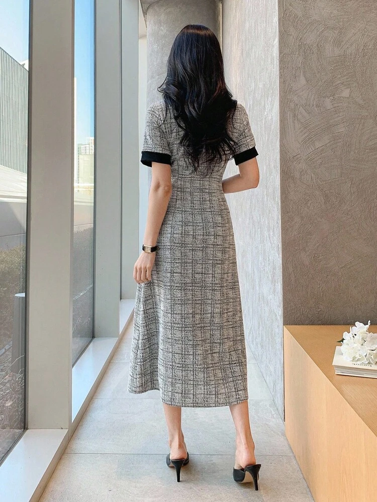 Color Block Puff Sleeve Mid-Length Dress For Women Plaid