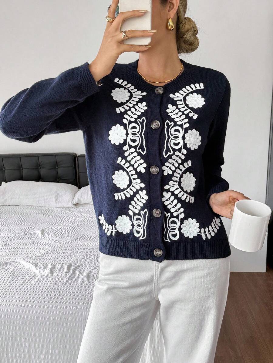 SHEIN Frenchy Women's French Casual Floral Embroidered Cardigan,Navy Blue Floral,Autumn,Vintage,Brunch,Single-Breasted Long Sleeve Tops,Old Money Business Casual - Multicolor - View 1