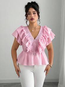 Elenzga Plus Size Elegant Pleated V-Neck Textured Blouse - Pink - View 6