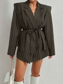 EURMUSE Women's Navy Striped Casual Blazer Jacket - Army Green - View 7