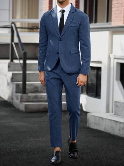 Manfinity Mode Men's Solid Color Patchwork Button Front Long Sleeve Jacket And Pants Set, Men's Solid Color Relaxed Lapel Blazer And Bias Pocket Pants Set Suits For Men Men Dress Suit Wedding Suits For Men Men Dress Suits Dress Suits For Men Formal