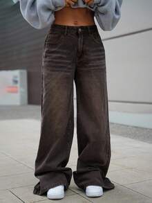 SAYEHFBABY Women's Casual Loose Washed Wide Leg Jeans - Brown - View 6