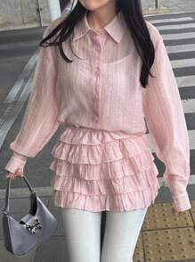 FRIFUL 2pcs Women Solid Color Sweet Casual Back To School Outfit, Layered Shirt And Skirt Set, Autumn