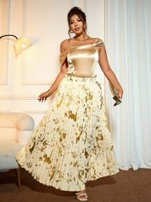 Cravure Plus Size Women's Elegant Pleated Flare Metallic Skirt - Champagne - View 5
