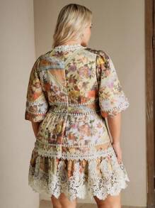 Anewsta 大码女式优雅 V 领灯笼袖拼布花卉印花腰带 A 字连衣裙，适合度假、春夏季节、毕业典礼 - 黃色 - 查看 2