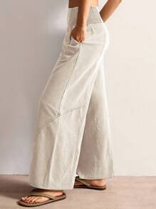 Bohemela 女士休闲纯色针织宽松阔腿水洗裤阔腿裤女夏季裤子带口袋抽褶高腰裤，秋季女装 - 卡其色 - 查看 7