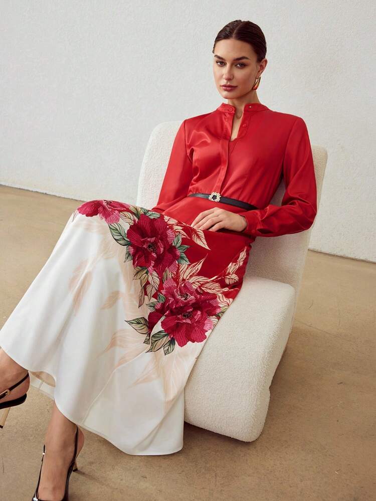 FLORAL PRINT COLORBLOCK DRESS WITH BELT