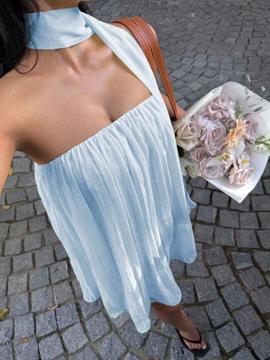 Sunnyshic Solid Color Pleat Hem Mini A-Line Dress - Baby Blue - View 1