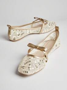 SHUZIA 女士休闲优雅方头舒适花卉印花网眼芭蕾平底鞋 - 米色 - 查看 5