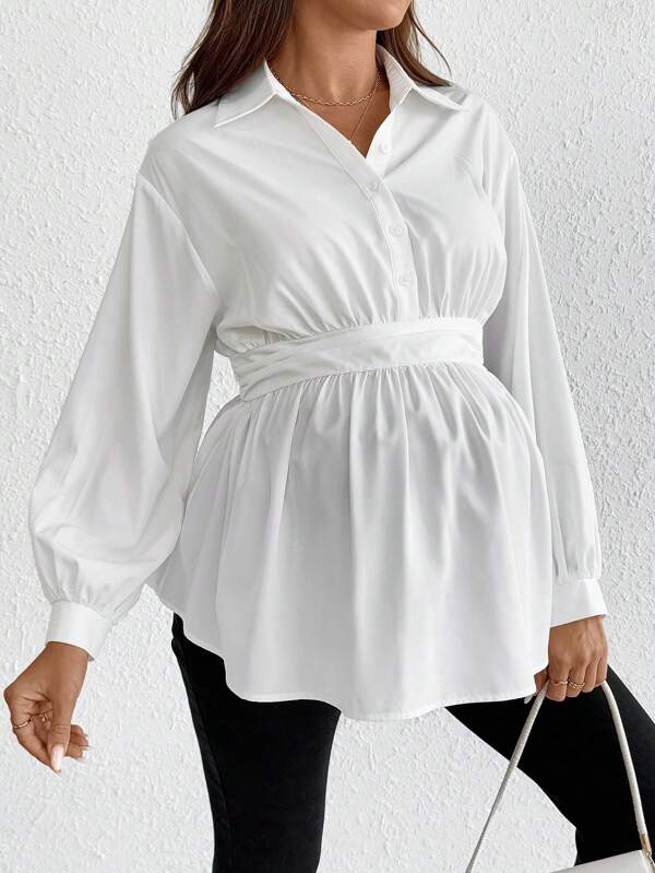 SHEIN Pregnant Women Loose Fit Solid Color Ruched Shoulder Long Sleeve Casual Blouse Fall Women Clothes  Work Tops    Work/Office   Going Out Outfits   Fall Clothes