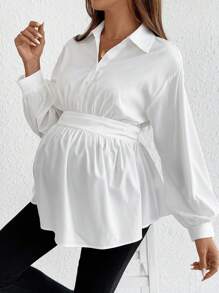 SHEIN Pregnant Women Loose Fit Solid Color Ruched Shoulder Long Sleeve Casual Blouse Fall Women Clothes  Work Tops    Work/Office   Going Out Outfits   Fall Clothes