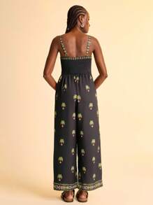 CAJUNI Women's Casual Vacation Black Green Coconut Tree Print Jumpsuit Country Concert Outfit Outfit Bohemian Style Women's Clothing Casual Dresses For Women   Black Dress