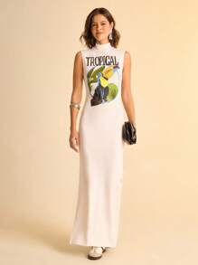 CAJUNI Semi-Sheer Stand Collar Maxi Dress In White With Colorful Tropical Design And Soft Fabric- Toucan Dress - White - View 3