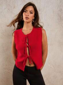 COSMINA Women's Casual Solid Color Knitted Vest With Tie - Red - View 10