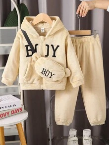 Young Boy极简卡其色毛绒长袖连帽衫和裤子两件套 - 彩色 - 查看 1