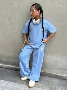 SHEIN 2 件套青少年女孩休闲宽松刺绣字母短袖运动衫和裤子套装